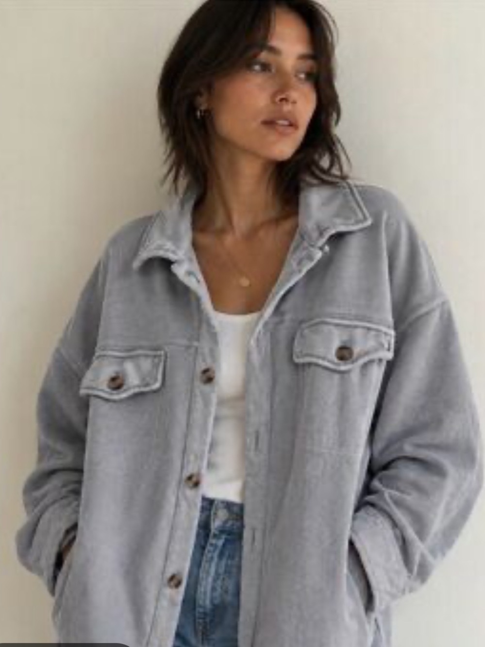 Aerie Oversized Luxe Trucker Shacket Lumberjane Grey XS Cotton Cozy Button Down